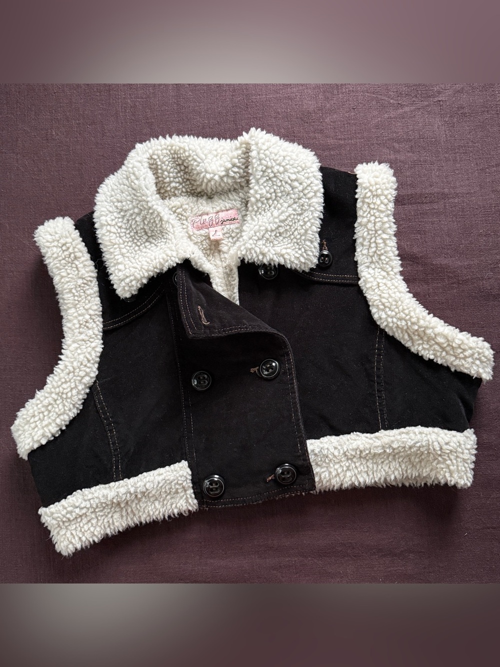 Vintage Plugg Y2K Black Corduroy Sherpa Cropped Double Breasted Button Vest L
